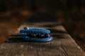 Beautiful, shiny, color bracelet with large beadwork beads. On a wooden bench in the park Royalty Free Stock Photo