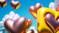 Beautiful, shiny, gold-colored, cheerful, flying balloon hearts