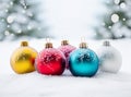 Beautiful shiny round multicolored Christmas balls on a white snow background