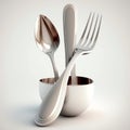 Beautiful shiny silver cutlery in a cup. Fork and spoon in white backdrop. Close up. Generative AI Royalty Free Stock Photo