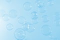 Beautiful shiny transparent soap bubbles float on blue texture background. Abstract, Celebration, Natual fresh summer. Royalty Free Stock Photo