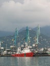 Beautiful ship on a background of blue lifting cranes Royalty Free Stock Photo