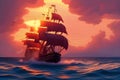 Beautiful ship sailing in the sea at sunset. Amazing 3D landscape. Digital illustration. CG Artwork Background Royalty Free Stock Photo