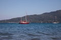 Beautiful ship at sea. Seascape. Sunny summer day. Yacht in the sea.