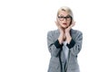 beautiful shocked businesswoman posing in formal wear