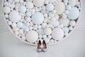Beautiful shoes of the bride near the bouquet and decor of the wedding Royalty Free Stock Photo