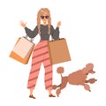 Beautiful shopping women walking with shopping bags and her poodle dog vector illustration