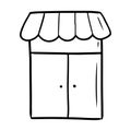 Beautiful shopwindow with striped roof in black isolated on white background. Hand drawn vector sketch illustration in doodle