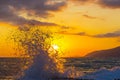 Beautiful Shoreline Scene With Waves At Sunset Beams