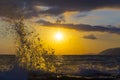 Beautiful Shoreline Scene With Waves At Sunset Beams