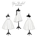 Beautiful Short Laces Dress Bridal Boutique Logo Ideas Set, Gown Logo Set, Bridesmaid Dress Vector Design