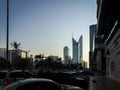 Beautiful shot of Abu Dhabi city street, towers and WTC at sunset