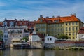 Beautiful shot of ancient looking buildings on the side of a lake Royalty Free Stock Photo