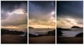 Beautiful shot of a beach and its horizon at dusk in three frames