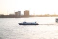 Beautiful shot of a boat sailing on the Nieuwe Maas river in Rotterdam Royalty Free Stock Photo