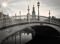 Beautiful shot of a bridge over the water with a lamp post in black and white Royalty Free Stock Photo