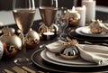 shot of a New Year's Eve party table setting with champagne glasses and party favours (AI Generated) Royalty Free Stock Photo