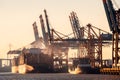 Beautiful shot of container ships unloading at the Eurogate container terminal during sundown Royalty Free Stock Photo