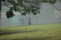 Beautiful shot of a daughter and mother walking on a grassy field in fog near trees Royalty Free Stock Photo