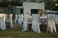 Beautiful shot of decorated table setting for an outdoor wedding reception Royalty Free Stock Photo