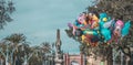 Beautiful shot of different cartoon balloons sold in the park