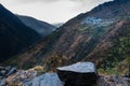 A beautiful shot of distant small village in the mountains of Okhimath district of Chamoli garhwal, Uttrakhand. India. 23rd