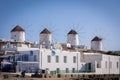 Beautiful shot of Flour Mills of Mykonos, Greece on a cloudless day