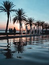 Beautiful shot of a fountain with a reflection of palms on it in the evening Royalty Free Stock Photo