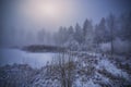 Beautiful shot of a frozen pond near snowy shore with trees and a foggy background Royalty Free Stock Photo