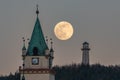 Beautiful shot of a full supermoon behind the Tisnov church