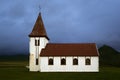 Beautiful shot of the Hellnar Church in a field in Iceland on a cloudy day