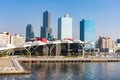 Beautiful shot of Kaohsiung harbor and skyscrapers in the background on a sunny day in Taiwan