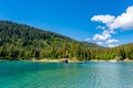 Beautiful shot of a lake surrounded by forest mountains Royalty Free Stock Photo