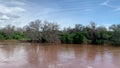 Beautiful shot of Luvuvhu river in flood with trees and blue cloudy sky in Limpopo province, Africa