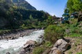 Beautiful shot of Marshyangdi river flowing in Jagat village, Annapurna circuit trek, Nepal