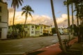 Beautiful shot of Miami, palm trees lined up in a street, white dense clouds in the blue sky Royalty Free Stock Photo