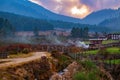 Beautiful shot of mist floating over rural Phobjikha Valley, Wangdue Phodrang, Bhutan Royalty Free Stock Photo