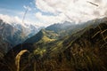 Beautiful shot of a Mountain Austrian alps with green grass and snow and under cloudy sky