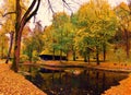 Beautiful shot of a park and the Bran Castle lake in autumn Royalty Free Stock Photo