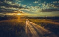 Beautiful shot of a path through a green meadow with a bright sunset sky