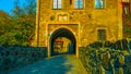A beautiful shot in Poland Old castle entrance / overlooking the river / At sunset / Old steed 2018 Royalty Free Stock Photo