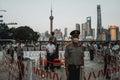 Beautiful shot of policemen on the streets of Shanghai on a national day