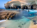 a beautiful shot of a rock in the sea with a beautiful white arch