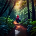 A beautiful shot of a rooster walking in the rainforest. AI generated