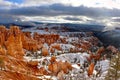 Beautiful shot of the scenic stone formations covered in snow in Bryce Canyon, Utah Royalty Free Stock Photo