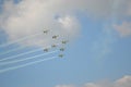 Beautiful shot of seven warplanes in the sky going in the same direction.