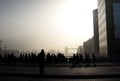 Beautiful shot of a silhouette of a group of people taking a walk in the foggy City of London