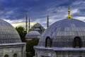 Beautiful shot of silver domes surrounded by green trees under the breathtaking cloudy sky Royalty Free Stock Photo