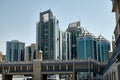 Beautiful shot of the skyscrapers in Sharjah with the Blue Souk in front of them Royalty Free Stock Photo