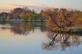 Beautiful shot of the Sloan lake in the autumn with park in the background